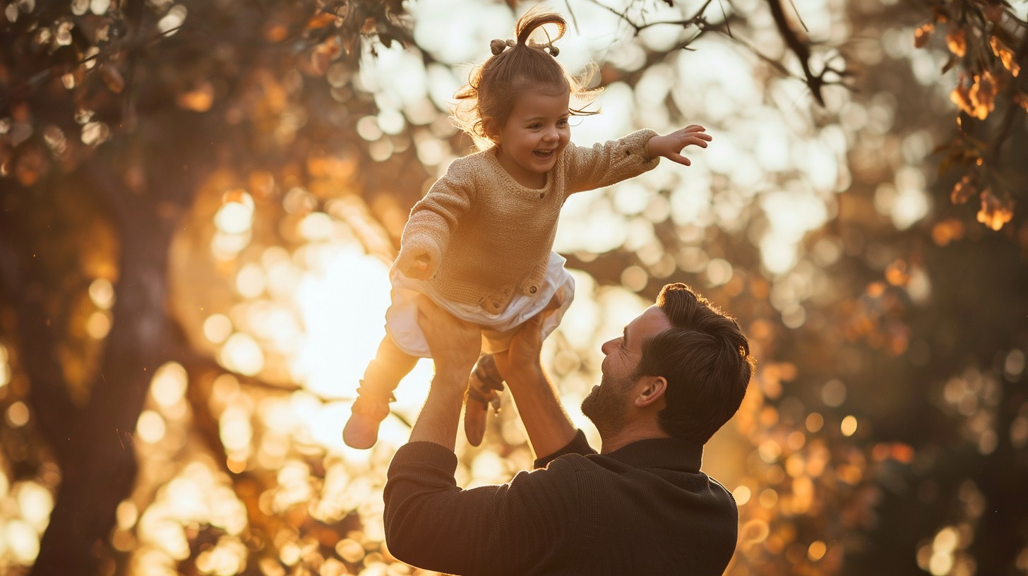 A father lifting his laughing daughter in warm autumn light